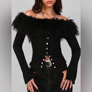 Off-Shoulder Black Faux Fur Top